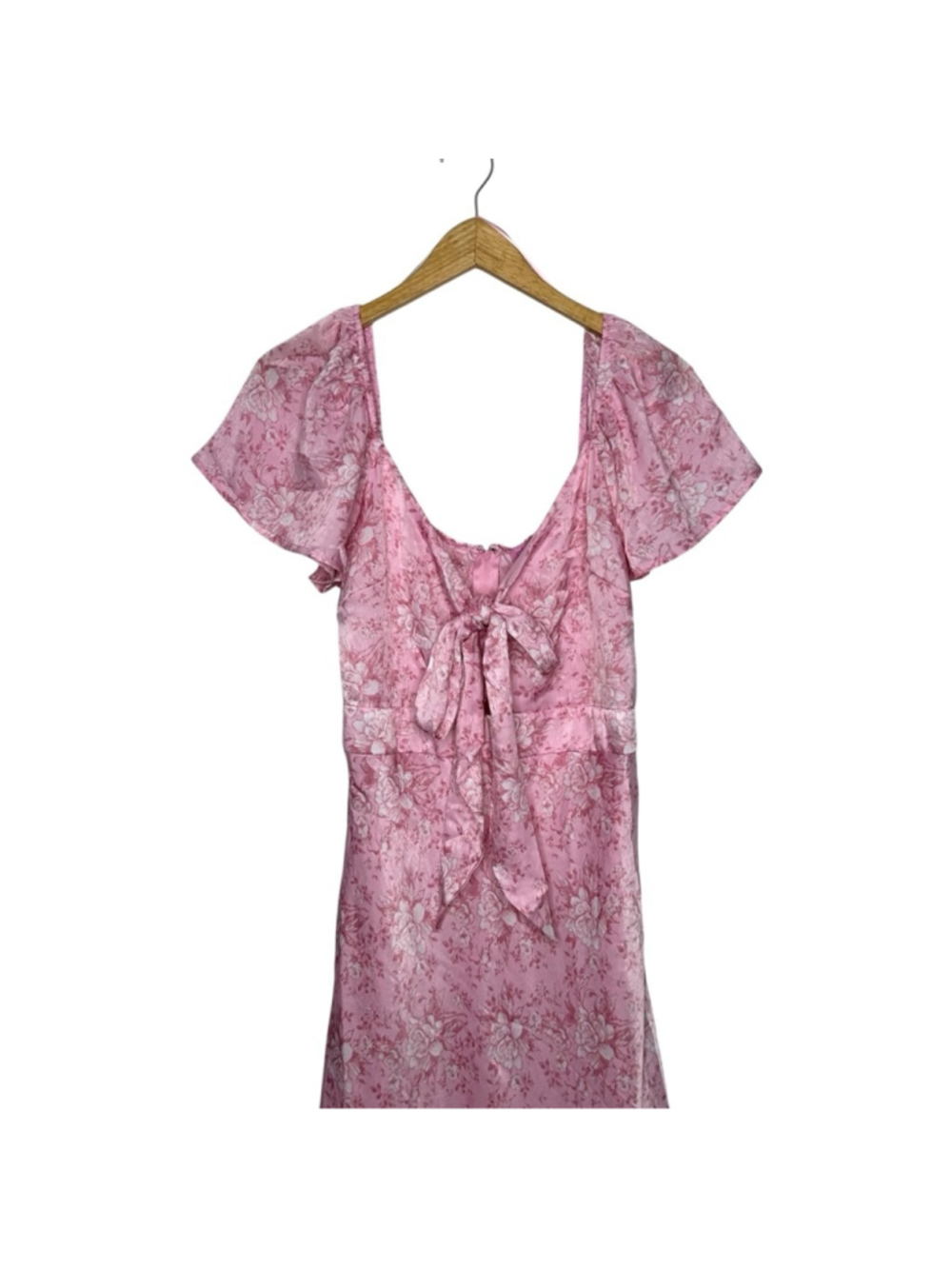 FRANCESCA'S Maria Pink Bow Tie Front Silky Floral Midi Dress Size Large - Picture 5 of 14